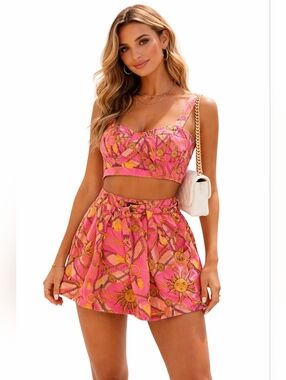 Missguided NWT Pink  Chainlink Print 2 Piece Crop Top Shorts Set Sz4 Vacation